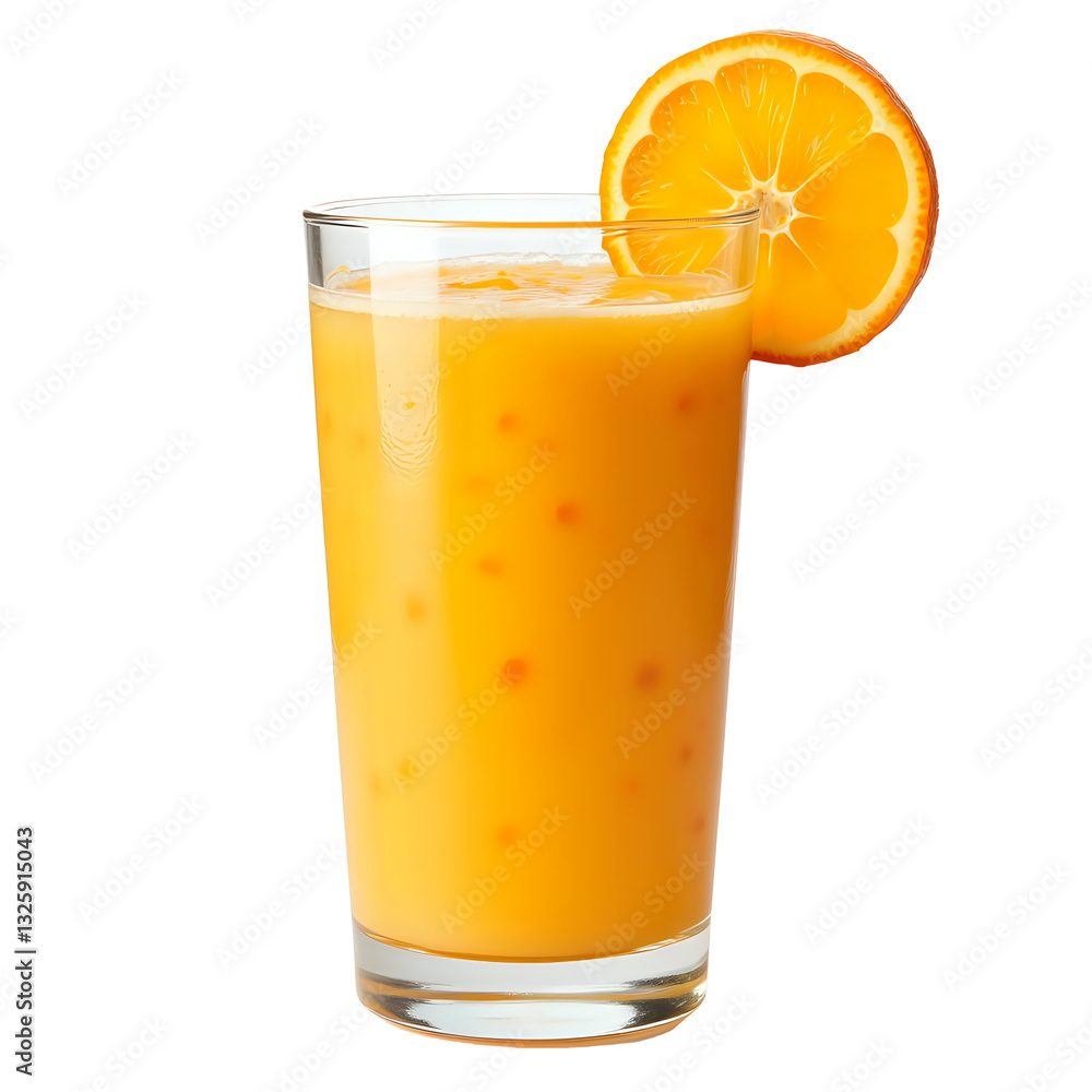 Glass of fresh orange juice with lemon slice, bright and refreshing, on white background Glass of fresh orange juice with lemon slice, bright and refreshing, on white background
