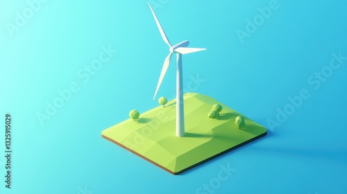 Fototapeta Naklejka Na Ścianę i Meble -  Isometric 3D Low Poly Wind Turbine on Vibrant Background