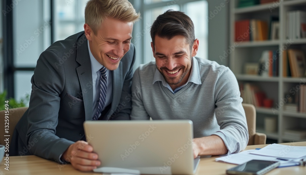 In a bright office setting, two men, one with dark hair in a sweater and the other with light hair in a suit, share a laugh over a laptop. Their expressions radiate happiness and camaraderie In a bright office setting, two men, one with dark hair in a sweater and the other with light hair in a suit, share a laugh over a laptop. Their expressions radiate happiness and camaraderie