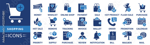 Shopping icon set. Containing and more. Outline money, wish list, sale, payment, online, hot sale, remove, tracking and more. Solid vector icons collection