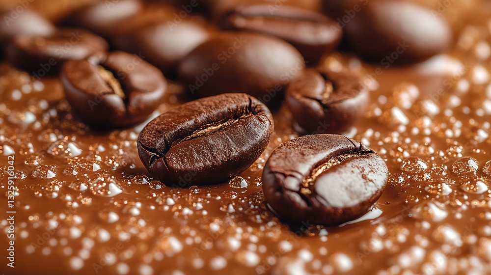 Close up of Roasted Coffee Beans on Melted Chocolate with Air Bubbles Close up of Roasted Coffee Beans on Melted Chocolate with Air Bubbles