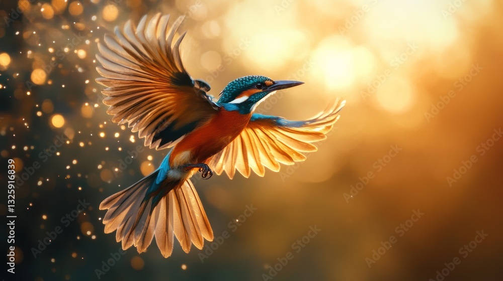 Fototapeta premium Colorful Kingfisher in Flight, Golden Sunset, Sparkling Background
