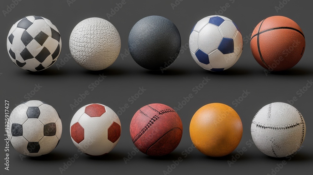 Variety of textured sports balls on dark background Variety of textured sports balls on dark background