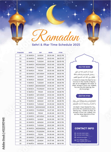 Ramadan Sehri and Iftar Time Schedule 2025