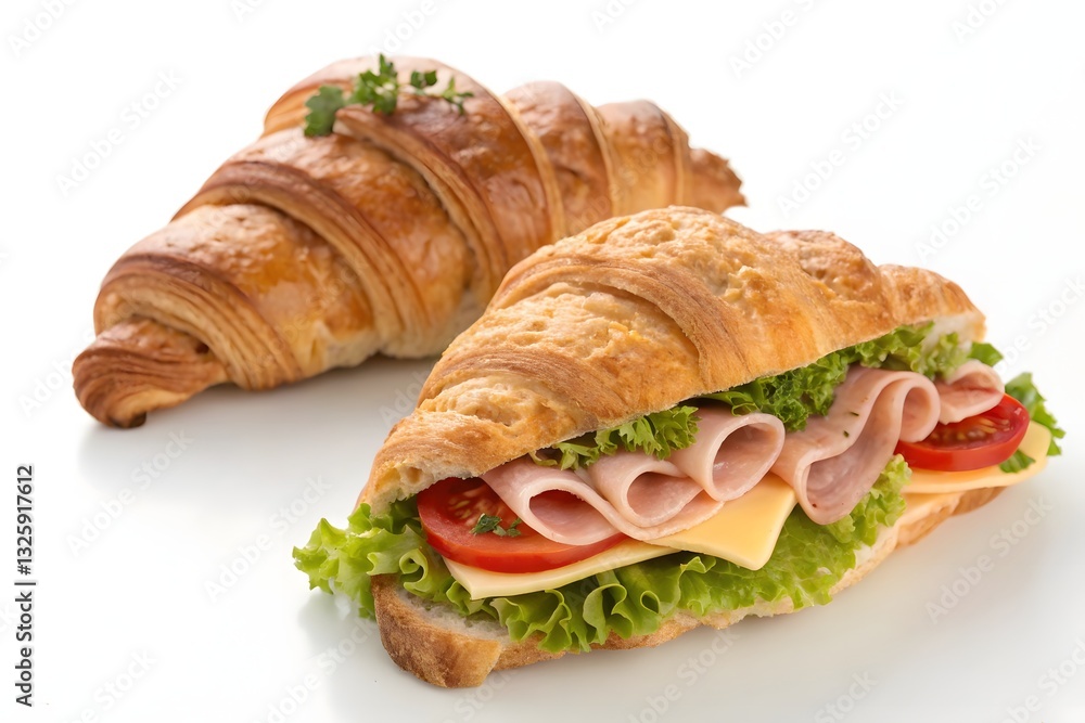 A close-up, appetizing image of two croissant sandwiches, one plain and one filled with ham, cheese, lettuce, and tomato, against a clean white background. A close-up, appetizing image of two croissant sandwiches, one plain and one filled with ham, cheese, lettuce, and tomato, against a clean white background.