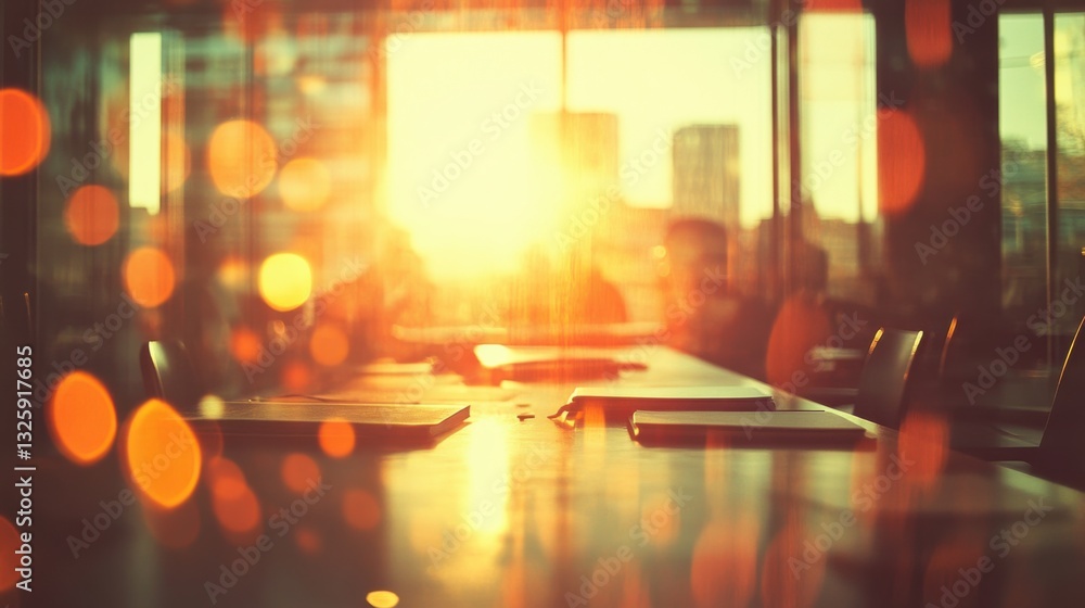 Fototapeta premium Soft Focus Sunset Over Conference Room With Warm Light Reflection