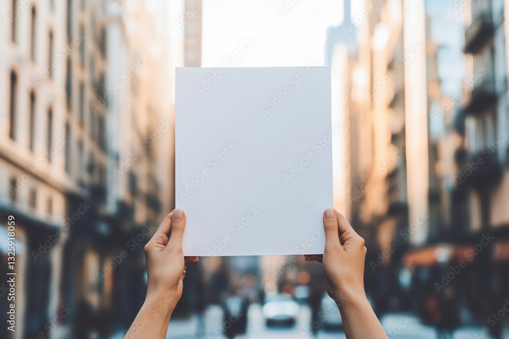 Hands holding blank paper in city street. Hands holding blank paper in city street.