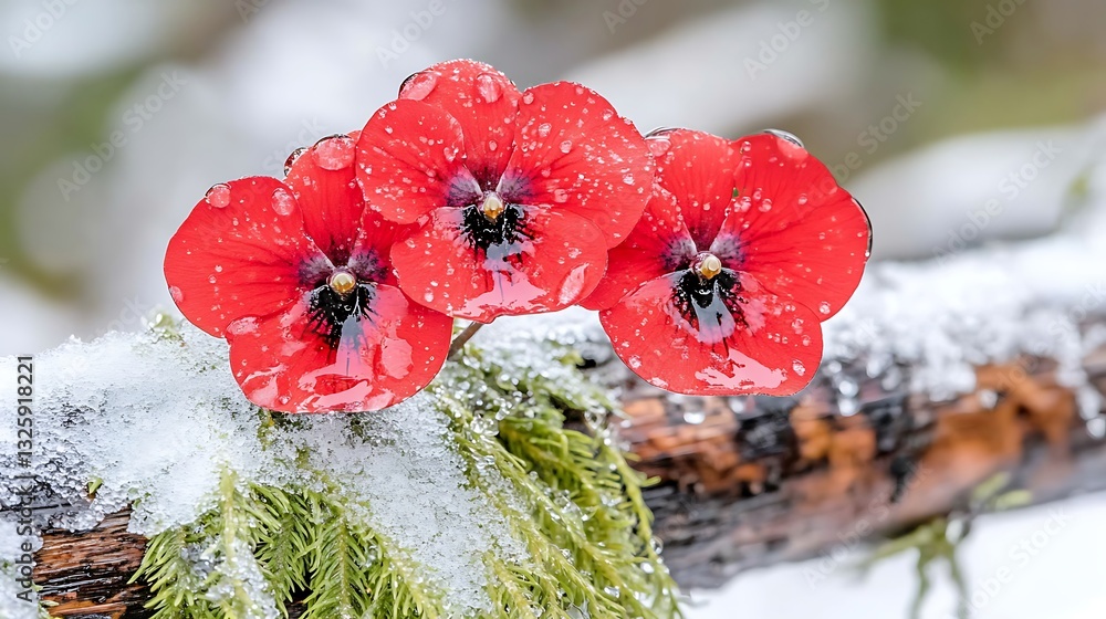Obraz premium Vibrant Red Pansies in Winter Wonderland Snow Covered Flowers Icy Dew Drops