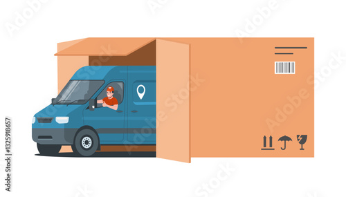 Concept illustration of cargo delivery and transportation. Van with driver, cardboard box. Vector illustration.