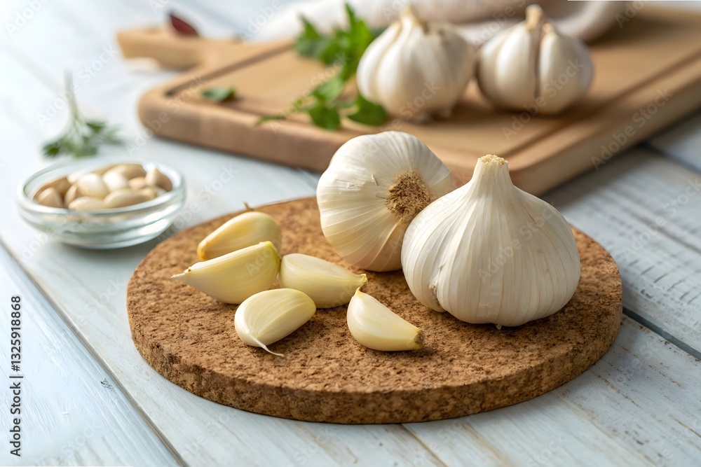A still life image of a whole garlic bulb and several peeled garlic cloves, both whole and sliced, arranged on a round, cork surface against a blurred, light-colored wooden background. A still life image of a whole garlic bulb and several peeled garlic cloves, both whole and sliced, arranged on a round, cork surface against a blurred, light-colored wooden background.