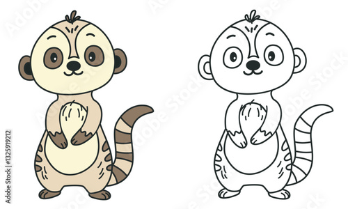 Flat vector illustration for children's coloring book. Cute meerkat in black and white and color. Wild animals of safari and Africa . Vector illustration