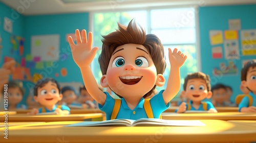 3d render of a children raising hands in class room.