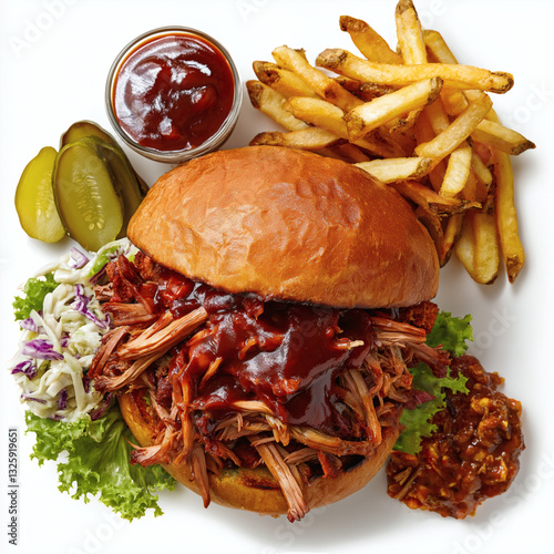 Delicious Pulled Pork Burger with Crispy Fries and Coleslaw - Ultimate American Comfort Fast Food Feast