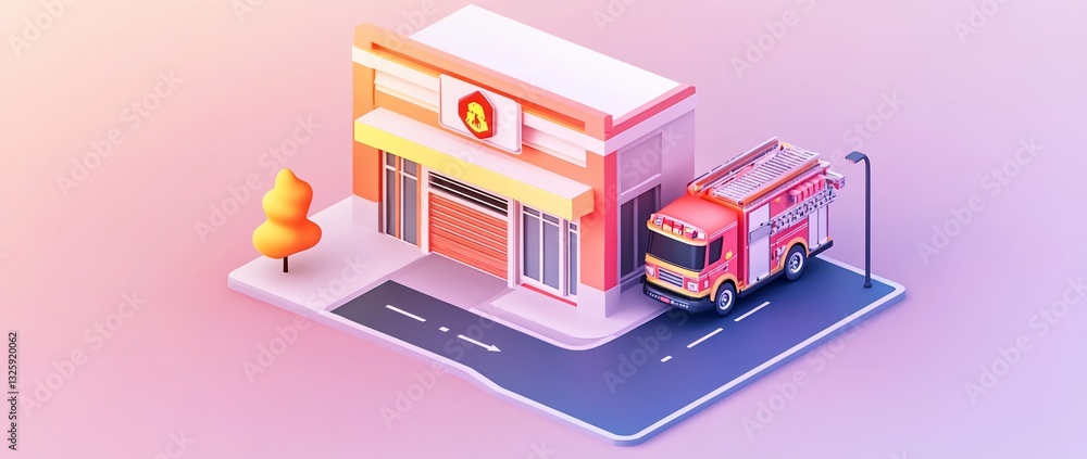 Isometric illustration of a firetruck outside a building.