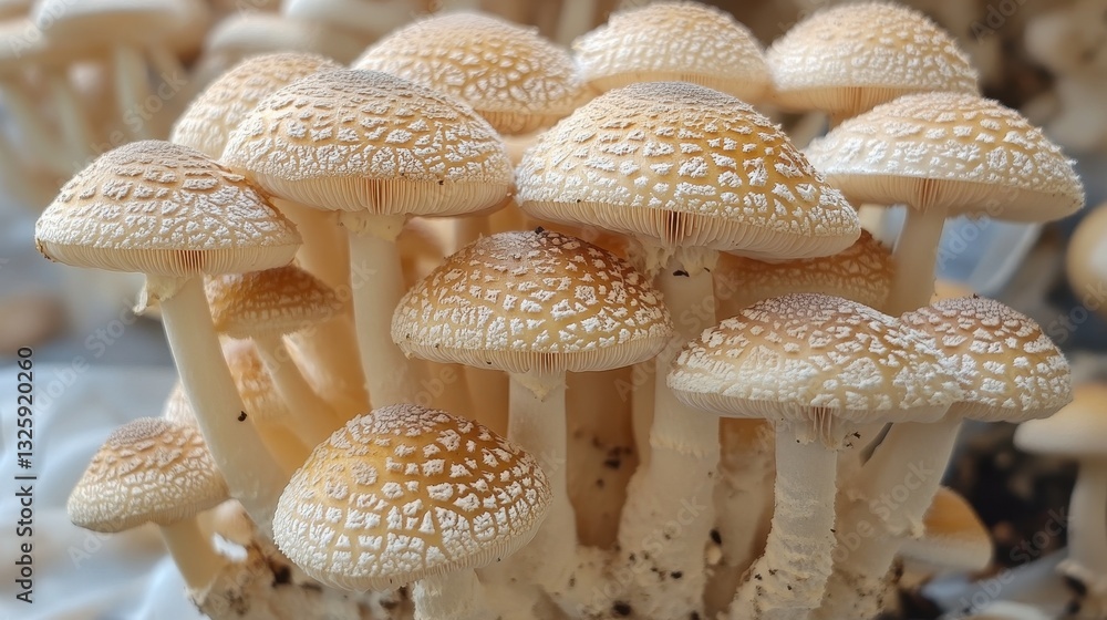 Obraz premium Cluster of brown and white mushrooms with textured caps in natural light