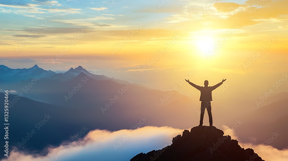 Man standing atop a mountain peak, arms outstretched, at sunset, with clouds below Man standing atop a mountain peak, arms outstretched, at sunset, with clouds below
