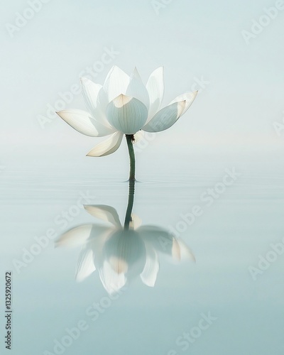 Wallpaper Mural Single white lotus flower blooming on calm water, reflecting perfectly. Torontodigital.ca