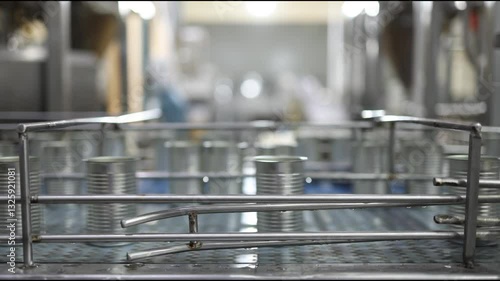 Tin can speed travel in convey belt production line in food manufacturing, Fish canned factory.