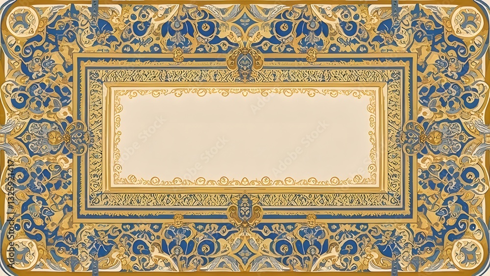Ornate Gold and Blue Frame with Floral Pattern Background Ornate Gold and Blue Frame with Floral Pattern Background
