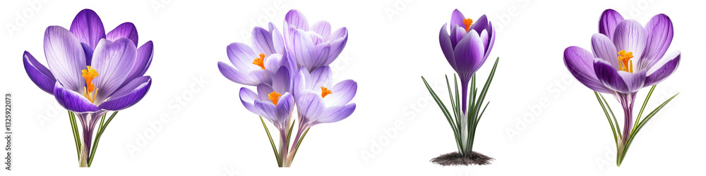 Naklejka premium Crocus flower isolated on transparent background, PNG, Set of