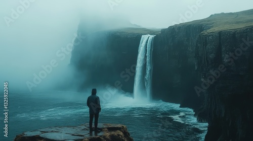 Solitary figure observing majestic waterfall and misty cliffscape photo