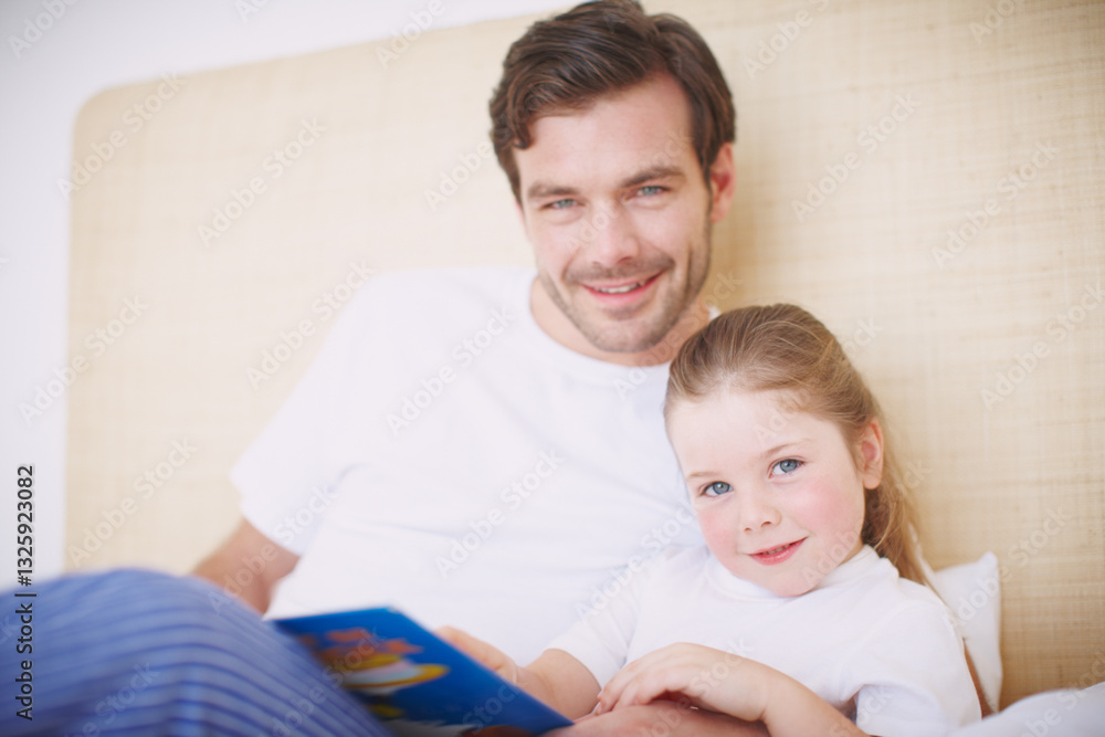 Bedroom, father and girl in portrait with book, learning and bonding with cognitive development. Home, child and dad with storytelling for language support, reading and literacy with smile in house Bedroom, father and girl in portrait with book, learning and bonding with cognitive development. Home, child and dad with storytelling for language support, reading and literacy with smile in house
