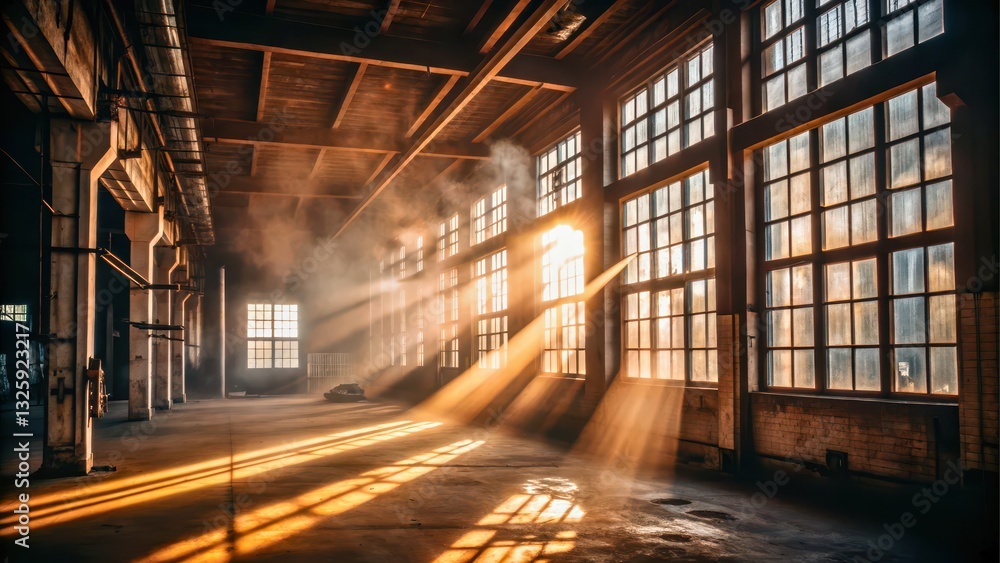 A sunlit industrial space with large windows, beams of light cutting through dust, creating an atmospheric and serene ambiance. A sunlit industrial space with large windows, beams of light cutting through dust, creating an atmospheric and serene ambiance.