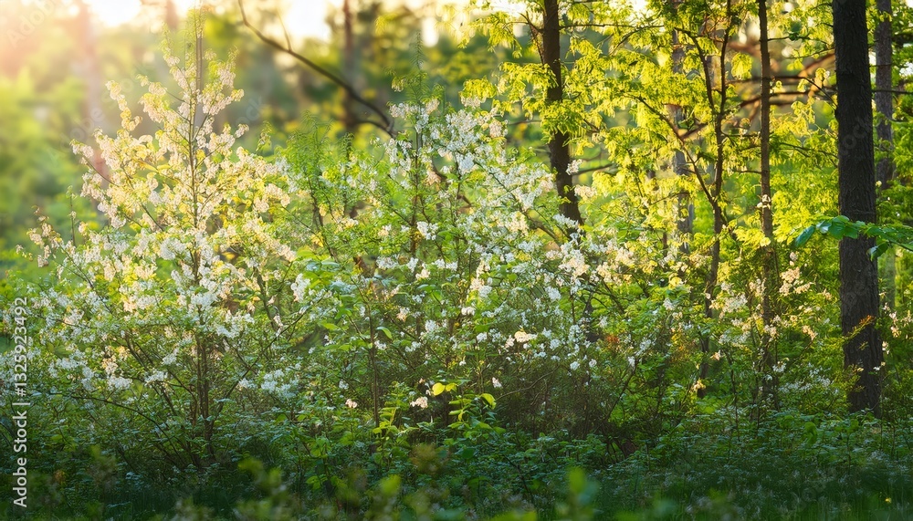 summer forest with green trees and blooming plants bathed in soft diffuse morning light summer forest with green trees and blooming plants bathed in soft diffuse morning light