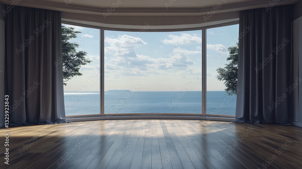 Fototapeta premium Empty room with bay window offering ocean view.