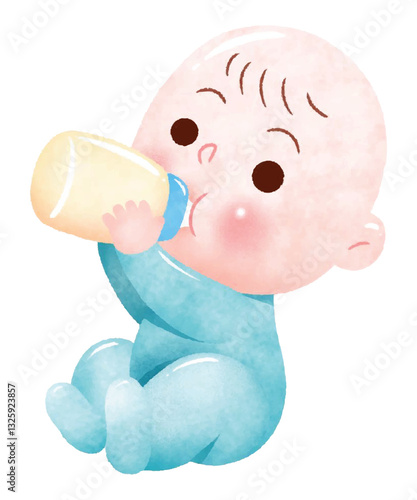 A sweet watercolor-style digital illustration of a baby in a blue onesie drinking milk from a bottle