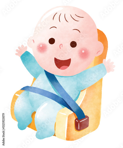 A delightful watercolor-style illustration of a happy baby securely fastened in a car seat with a blue safety belt