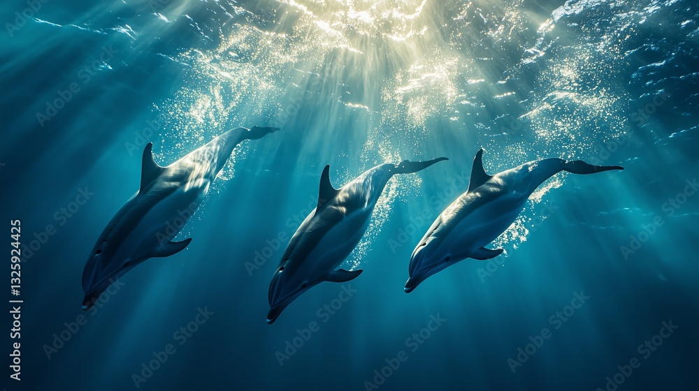 Naklejka premium Three dolphins swimming in the blue ocean, photographed from above. Sunlight filters through the water, creating a stunning natural scene. This is a real photograph, not a digital manipulation.