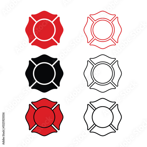 Emblame Badge Shape, Firefighter Emblem Maltese Cross Fire Department Symbol in Flat Style on White Background