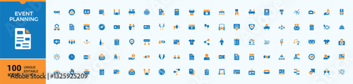 Event Planning colorful icons set in filled style. Contain solid sign event, planning, decoration, art, catering, celebration, birthday and more. Pixel perfect. Conceptual pictogram and infographic.