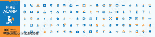 Fire Alarm colorful icon collection. Contains filled symbols like firefighter, siren, fire, safety, rescue, extinguisher and more. Filled symbol collection. Emergency icon pack.