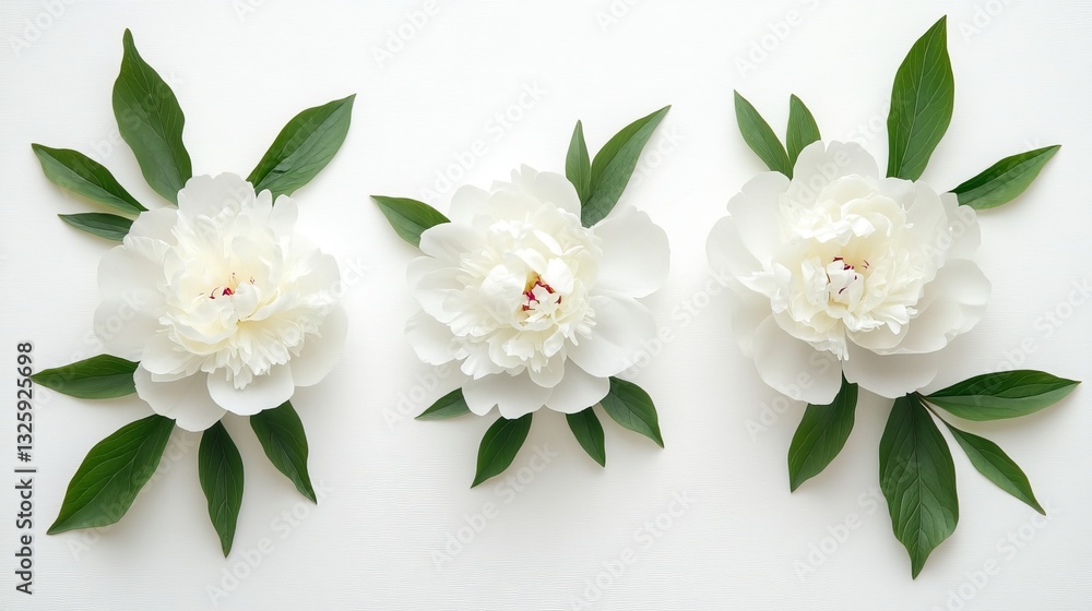 Fototapeta premium Elegant frame of three white peony flowers and lush green leaves on clean white background, top view with copy space for design
