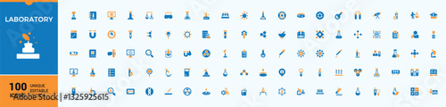 Laboratory colorful solid icons. Related to chemical, scientific, physics, biology, science and more. Filled icon collection. Chemist modern icons set. Editable vector icon and illustration.