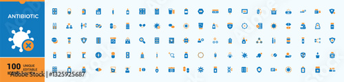 Antibiotic colorful icon set. Contains such icons as pharmaceutical, medical, anti, medication, medicine, pharma, pills. Icon design. Drug icons set in filled style. Vector illustration.