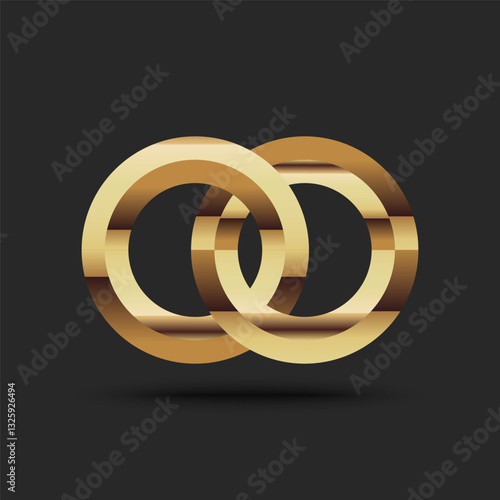 Intertwined gold rings logo on dark background, elegant symbol of unity and eternal bond, luxurious wedding emblem with metallic shine, abstract 3d design for love, marriage, anniversary.