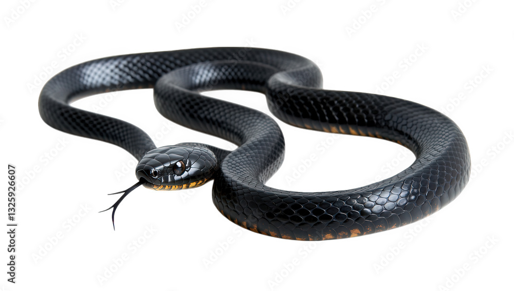 Naklejka premium black snake showcasing its smooth scales and distinct features including a forked tongue the snake is positioned on a plain white background emphasizing its form and texture