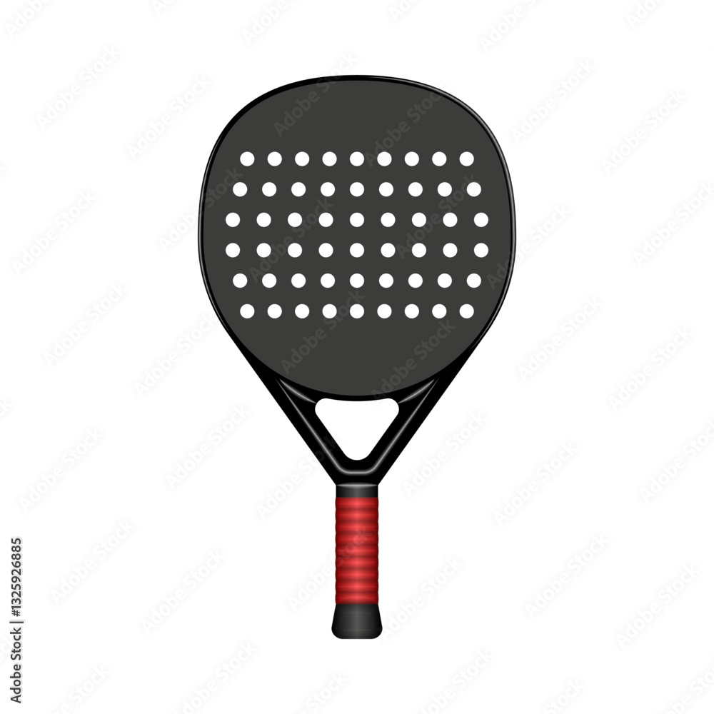 Fototapeta premium Black padel racket with perforated surface isolated on white background front view, realistic 3d vector professional sports equipment for padel tennis, sleek design with red grip.