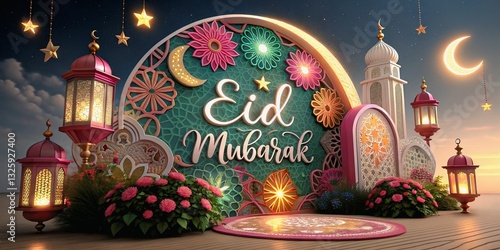 Radiant 3D Happy Eid Mubarak Post with Glowing Lamp, Crescent Moon, and Floral Elegance