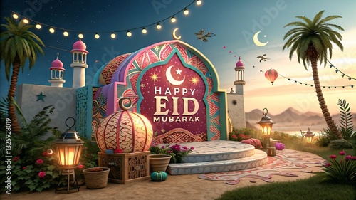 Stunning 3D Happy Eid Mubarak Post with Glowing Lamp, Crescent Moon, and Festive Islamic Background