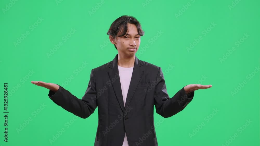 Teenage boy pointing side and representing a product over isolated background. Pauses briefly while thinking, then smiles at the camera. Green screen, product display, commercial, ads, business