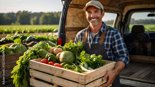A smiling farmer delivers a wooden crate brimming with vibrant, fresh, and organic vegetables, roots, and leafy greens, ensuring healthy produce is conveniently brought to your doorstep