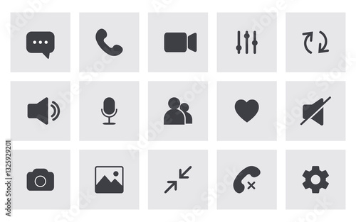 Icon Videocall. UI interface video chat. Set of buttons for online business webinar. Communication symbols. Flat Vector illustration.