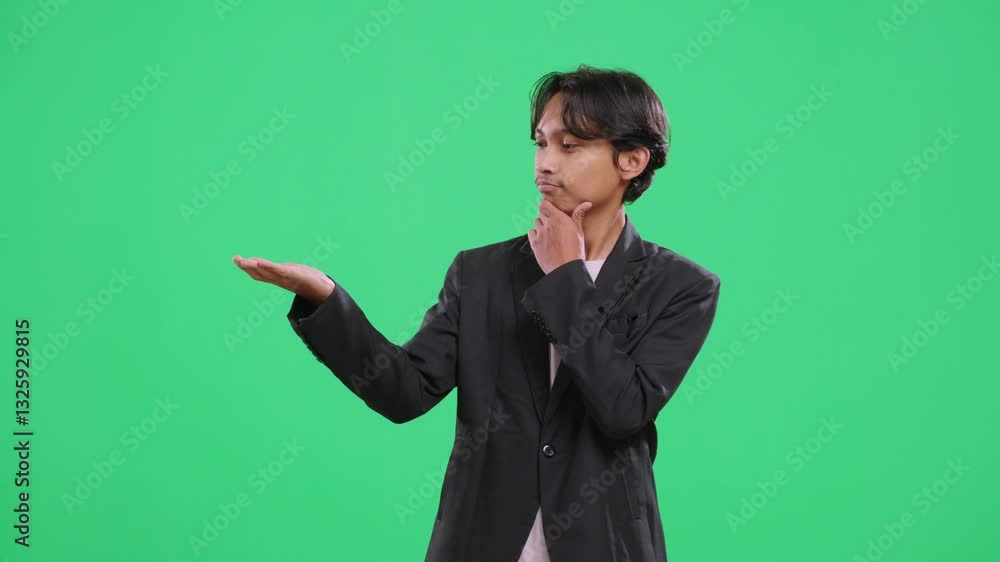 Teenage boy pointing side and representing a product over isolated background. Pauses briefly while thinking, then smiles at the camera. Green screen, product display, commercial, ads, business Teenage boy pointing side and representing a product over isolated background. Pauses briefly while thinking, then smiles at the camera. Green screen, product display, commercial, ads, business