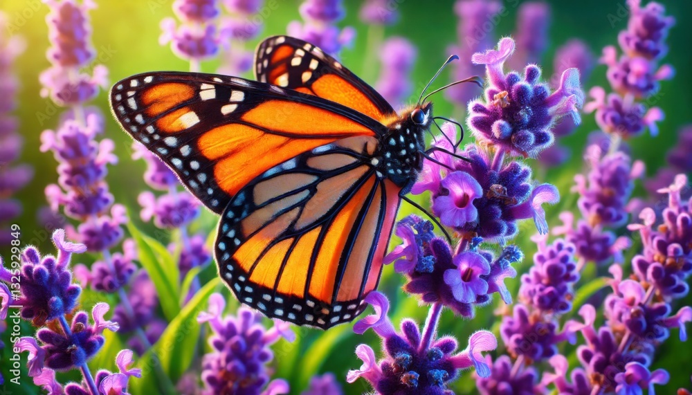 Fototapeta premium Monarch butterfly pollinating Lavandula blossoms in a sunlit garden during summer bloom