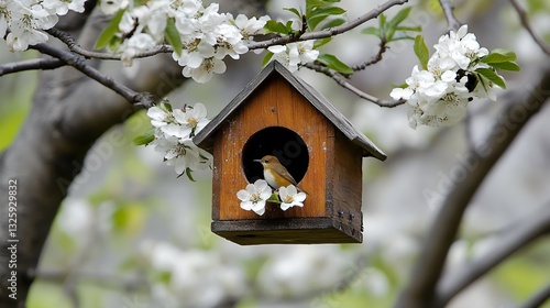 Small Bird in Wooden Birdhouse Spring Blossoms tree cute home calm white sweet image scene