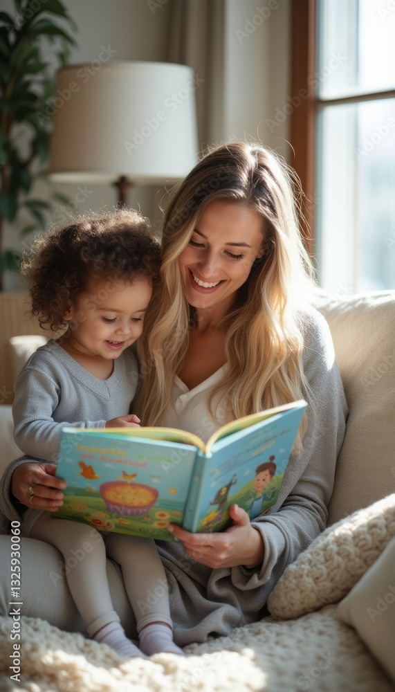 A joyful mother and her young daughter are cozily seated on a soft couch, engrossed in a colorful storybook. The warm sunlight filters through the window, creating a serene atmosphere filled with love A joyful mother and her young daughter are cozily seated on a soft couch, engrossed in a colorful storybook. The warm sunlight filters through the window, creating a serene atmosphere filled with love